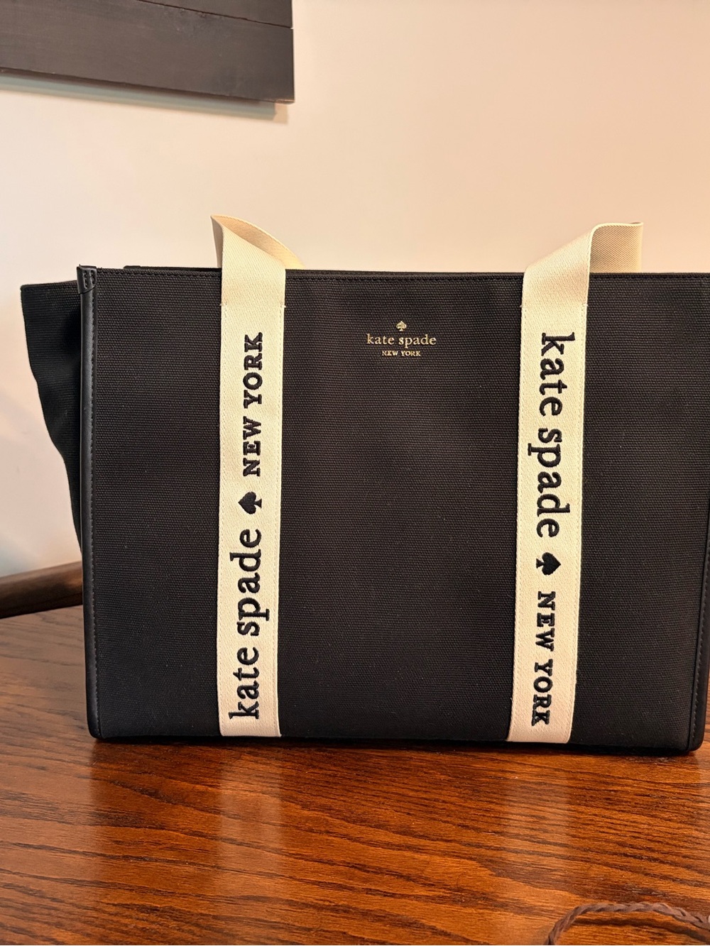Large Kate Spade New York Black Canvas Work Laptop Tote with Cream Logo Straps.